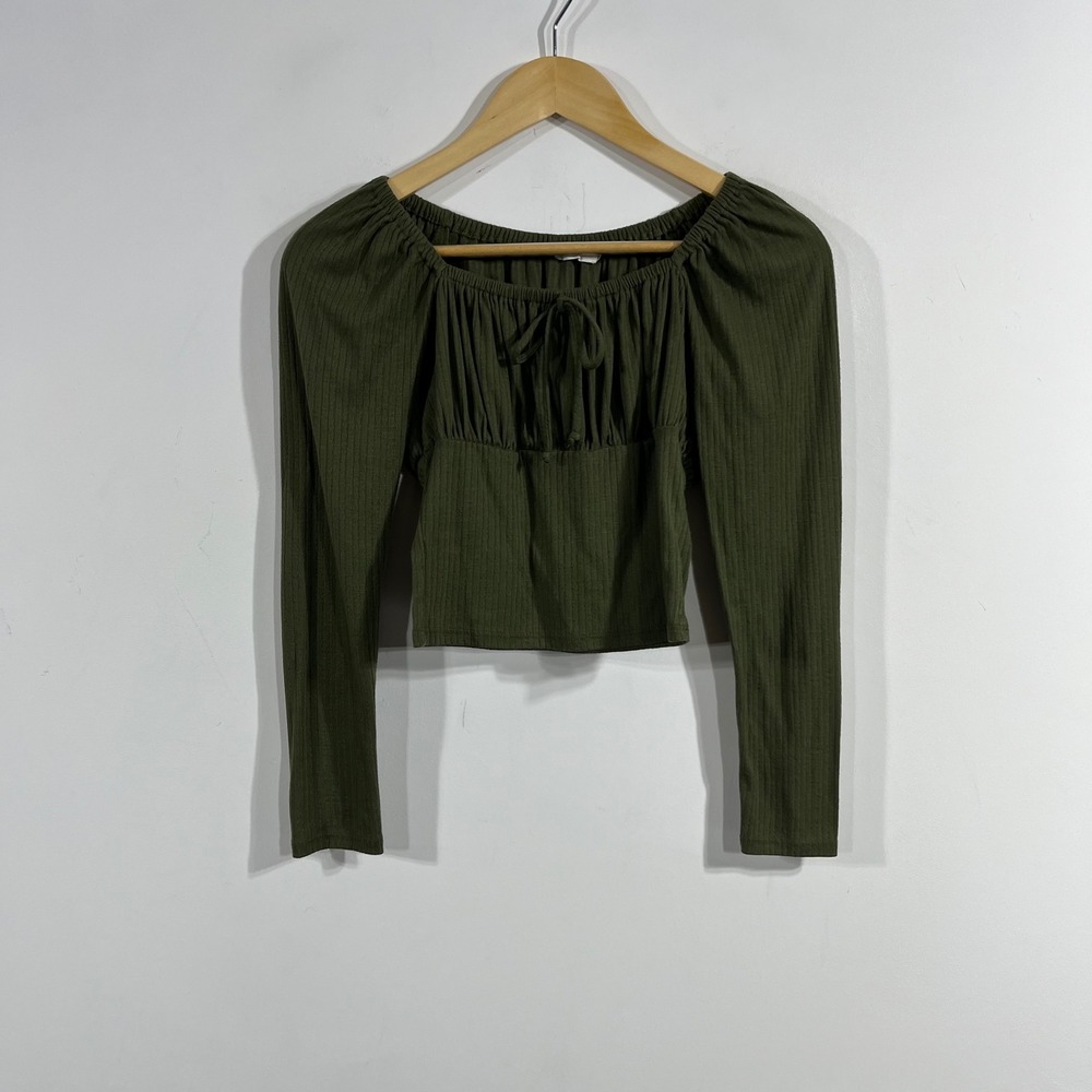 Lush Renfair Milkmaid Fairy Grunge Olive Green Ribbed Crop Top XS Earth Tones